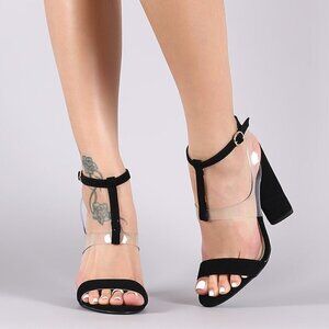 Qupid Nubuck Mid T-Strap Clear Vamp Open Toe